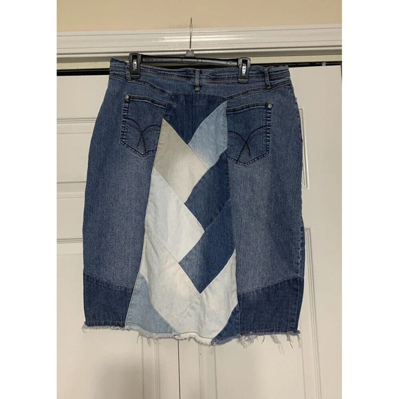 Ashley Stewart Patchwork Denim Raw Hem Plus Size Skirt 18W Boho Y2K Retro (O27) - Picture 2 of 9